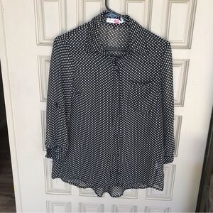 BodyCentral Blouse Polka Dot Blk/Wht SzS Collar/Cuffs Buttondown Sheer Cute